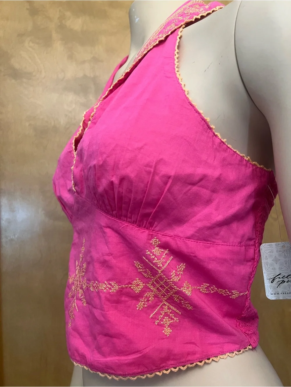 Free People Pink Halter Tank Top with Gold Embroidery